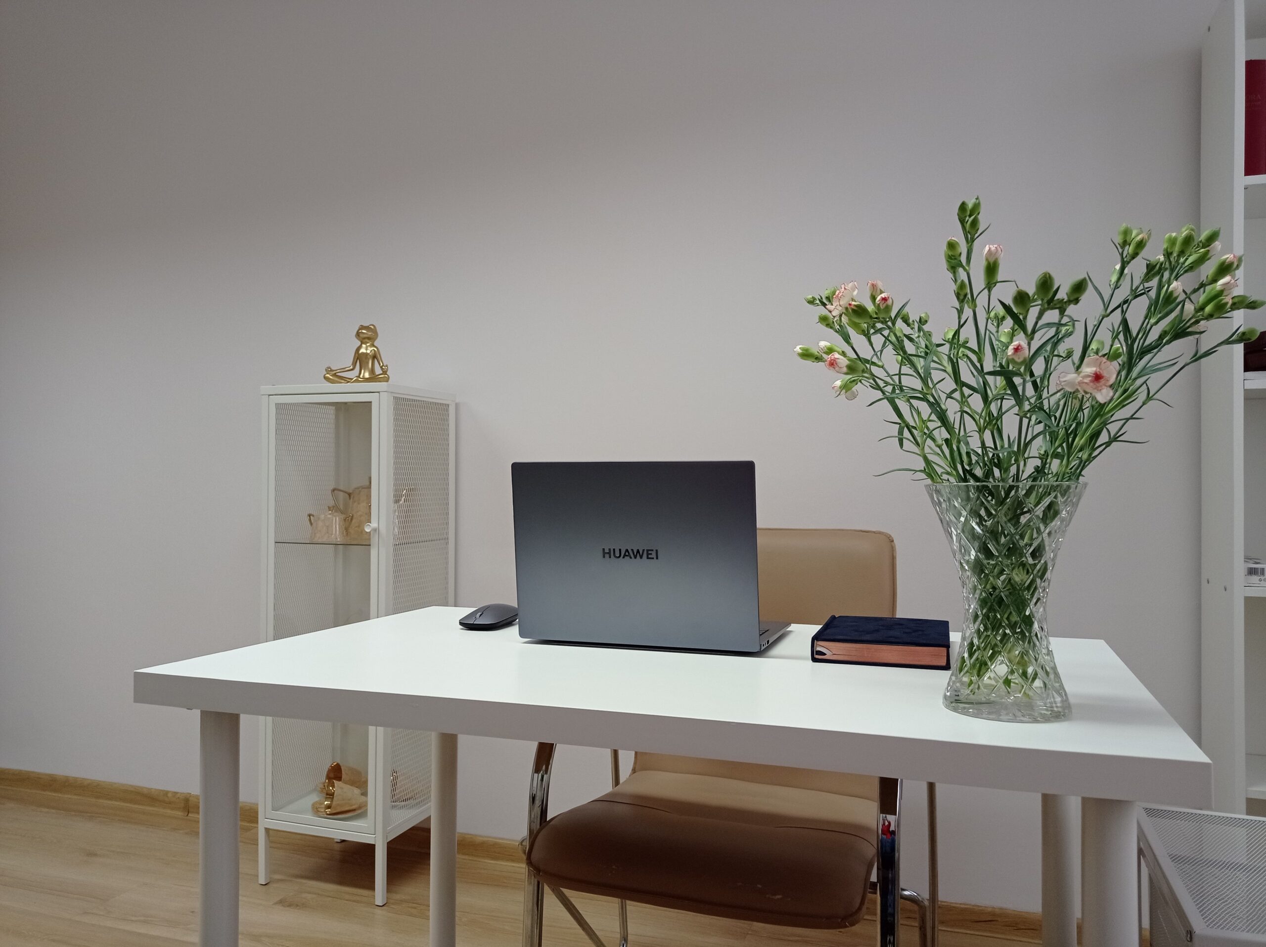 biurko, gabinet psychologa, coacha, goździki, złota żaba